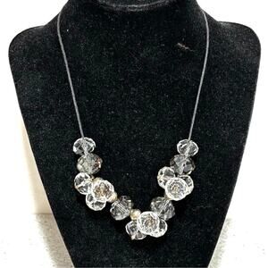 Beaded fashion necklace satin cord silver beads chunky clear faceted crystals